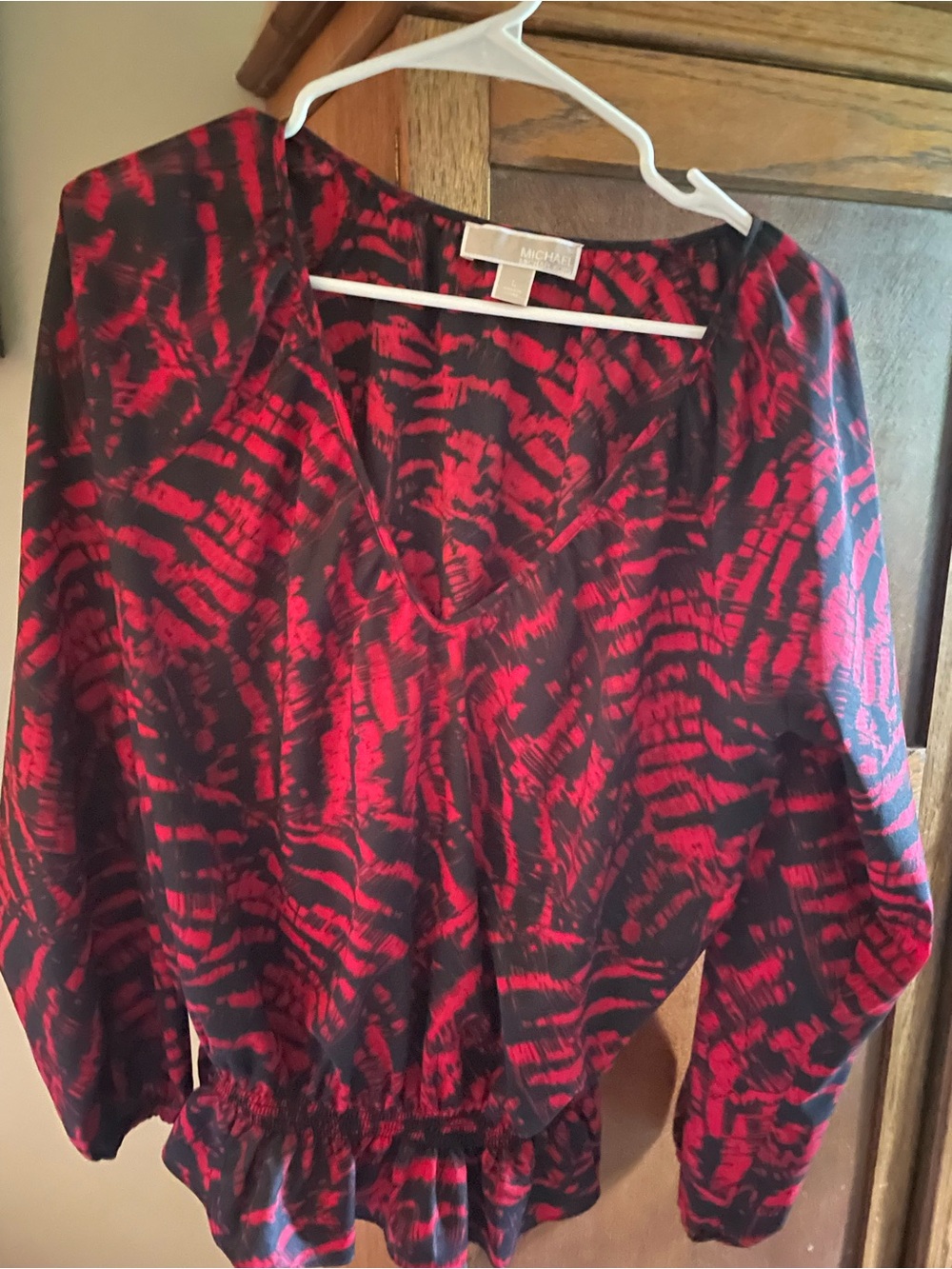Michael Kors Red and Black V-Neck Printed Blouse